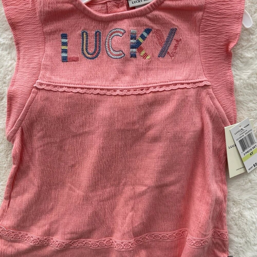 SALE! NEW Lucky Brand Girls  Pink Ruffle Tank and Blue Leggings Set - 4T NWT